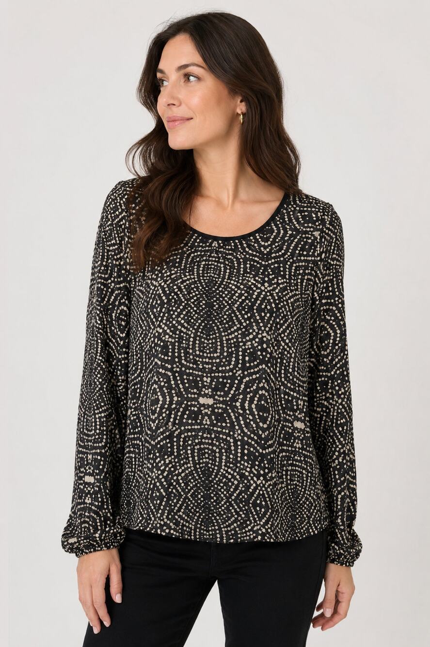 Black White Geometric Print Blouse Long Sleeve Eyelash Large Abstract Minimalist